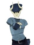  2_horns belt bone clothed clothing fingerless_gloves floating_hands floating_head friday_night_funkin&#039; fully_clothed gloves handwear hat headgear headwear hi_res horn humanoid kogito male shirt skull skull_head solo t-shirt tabi_(fnf) topwear 