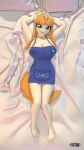  3d_(artwork) anthro anthroponiessfm apron apron_only bed breasts chai_malai cleavage clothed clothing dakimakura_design dakimakura_pose dakimakura_style digital_media_(artwork) equid equine fan_character feet female freckles furniture green_eyes hair hasbro hi_res horn humanoid_feet looking_at_viewer lying mammal mostly_nude my_little_pony on_back on_bed orange_hair plantigrade solo unicorn 