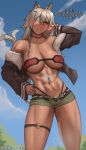  1girl abs absurdres animal_ears bandeau bare_shoulders black_jacket blush breasts cat_ears cat_girl cat_tail choker dog_ears dog_tail english_text eyepatch female_pubic_hair fluffydus fur-trimmed_jacket fur_trim ghislaine_dedoldia green_shorts grey_pubic_hair hand_on_own_face hand_on_own_hip highleg highleg_panties highres jacket large_breasts long_hair muscular muscular_female mushoku_tensei navel o-ring o-ring_thigh_strap one-eyed open_clothes open_jacket open_shorts outdoors panties parted_lips patreon_username pubic_hair red_bandeau red_choker scar scar_on_face scar_on_stomach shorts sky solo standing striped striped_panties tail tail_wagging thigh_strap thighs underwear white_hair 