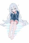  1girl ? absurdres bare_legs barefoot black_shirt blue_eyes blue_jacket blush commentary full_body grey_hair hair_between_eyes highres hrn_ohana jacket legs light_blue_shorts long_hair looking_at_viewer open_mouth project_sekai shirt simple_background sitting solo toes very_long_hair white_background yoisaki_kanade 