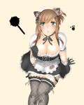  1girl animal_ears apron between_legs black_gloves black_ribbon black_thighhighs blush breasts brown_hair cat_ears cleavage corset dress fishnet_thighhighs fishnets full_body gloves gradient_background green_eyes grey_thighhighs hand_between_legs heart highres long_hair looking_at_viewer maid_apron maid_headdress medium_breasts medium_hair open_mouth outline paw_print print_thighhighs puffy_short_sleeves puffy_sleeves ribbon short_sleeves sitting skirt solo sophia_esteed star_ocean star_ocean_anamnesis star_ocean_till_the_end_of_time tail thighhighs thighs waist_apron white_apron white_outline 
