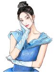  1girl black_hair blue_dress blue_gloves chinese_commentary collarbone dress earrings flat_chest gloves grey_eyes hair_behind_ear hand_on_own_cheek hand_on_own_face head_tilt highres jewelry jiu_hao_taiyang_de_shexian light_smile looking_at_viewer mole mole_on_nose original pink_lips realistic solo tiara upper_body white_background 