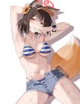  1girl absurdres animal_ear_fluff animal_ears armpits arms_up bare_shoulders bikini blue_archive blue_bikini blue_shorts blush breasts brown_eyes brown_hair cleavage collarbone commentary cutoffs denim denim_shorts flower fox_ears fox_tail hair_flower hair_ornament highres izuna_(blue_archive) kind1516 looking_at_viewer medium_breasts midriff navel open_fly open_mouth presenting_armpit short_hair shorts simple_background solo stomach striped striped_bikini swimsuit tail white_background yellow_eyes 