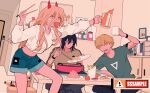  1girl 2boys absurdres arm_up black_hair blonde_hair chainsaw_man chopsticks cross-shaped_pupils cup denim denim_shorts denji_(chainsaw_man) food_in_mouth hair_between_eyes hair_down hayakawa_aki highres holding holding_chopsticks holding_cup horns long_hair looking_at_another looking_down looking_to_the_side multiple_boys null024 open_mouth plate power_(chainsaw_man) red_eyes red_horns sample_watermark sharp_teeth short_hair shorts smile soda_bottle sweater symbol-shaped_pupils teeth white_sweater 