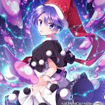  1girl album_cover angry attack black_capelet blob capelet collar commentary cover dark_background doremy_sweet dress electricity glowing hat nightcap official_art open_mouth pom_pom_(clothes) purple_eyes purple_hair reaching red_headwear sakura_tsubame short_hair sparkle_background touhou touhou_cannonball very_short_hair white_collar white_dress 