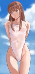  1girl arm_behind_back ass_visible_through_thighs blue_eyes blue_sky breasts brown_hair cloud collarbone commentary competition_swimsuit cowboy_shot dead_or_alive hairband highleg highleg_swimsuit highres hitomi_(doa) long_hair looking_to_the_side medium_breasts one-piece_swimsuit pink_hairband popo_agaga see-through sky solo standing swimsuit white_one-piece_swimsuit 