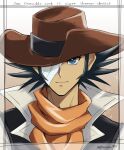  1boy bandage_over_one_eye black_hair blue_eyes cowboy_hat english_text hat highres jim_crocodile_cook light_smile male_focus mutton_chops p1easurean999 portrait sanpaku short_hair solo straight-on yu-gi-oh! yu-gi-oh!_gx 