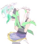  1boy 1girl absurdres aged_up ass boots detached_sleeves earrings edward_geraldine final_fantasy final_fantasy_iv flower green_hair green_leotard hair_flower hair_ornament highres jewelry leotard long_hair nekomrao open_mouth rydia_(ff4) simple_background smile thigh_boots white_background 