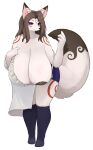  absurd_res anthro big_breasts black_nipples breasts brow_hair canid canine canis clothing female fur hi_res high_socks huge_breasts inake inviting looking_at_viewer lynyen mammal nipples purple_eyes solo tattoo white_body white_fur wolf 