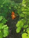  charmander commentary_request day fang green_eyes highres kahan_0004 leaf leg_up no_humans open_mouth outdoors pokemon pokemon_(creature) reflection rock smile solo standing standing_on_one_leg water 