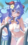  1girl absurdres ahoge bare_shoulders bikini black_choker blue_hair blue_sky breasts choker commentary_request cowboy_shot day flower ganyu_(genshin_impact) genshin_impact hair_flower hair_ornament highres horns long_hair looking_at_viewer medium_breasts navel purple_eyes sky smile solo standing stomach swimsuit very_long_hair wanatsu_15 white_bikini white_flower 