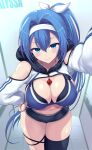  1girl absurdres blue_eyes blue_hair blush breasts cleavage commentary_request commission highres jewelry kasai_shin large_breasts long_hair looking_at_viewer necklace original pixiv_commission ponytail smile solo sports_bra sportswear thick_thighs thigh_strap thighhighs thighs 