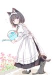  1girl animal animal_ear_fluff animal_ears apron black_cat black_footwear black_hair black_skirt blush cat cat_ears closed_mouth commentary_request flower frilled_apron frills full_body holding juliet_sleeves komugi_(wataame27) long_sleeves maid maid_apron maid_headdress original pantyhose puffy_sleeves purple_eyes purple_flower shirt shoes short_hair simple_background skirt solo wataame27 watering_can white_apron white_background white_pantyhose white_shirt 