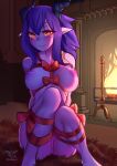  absurd_res animal_humanoid areola bdsm bedroom_eyes blush bondage bound breasts dragon dragon_humanoid female fire fireplace freckles genitals hair hi_res horn humanoid humanoid_pointy_ears league_of_legends narrowed_eyes nipples nivaris_(artist) purple_body purple_hair pussy ribbons riot_games rug seductive shyvana sitting solo yellow_eyes 