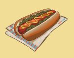  absurdres bread food food_focus highres hot_dog hot_dog_bun mustard napkin no_humans original potatomochii relish_(food) sausage simple_background yellow_background 