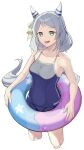  1girl animal_ears bare_shoulders blue_one-piece_swimsuit breasts collarbone ear_covers grey_eyes grey_hair highres hishi_miracle_(umamusume) horse_ears horse_girl horse_tail kanpiro looking_at_viewer medium_breasts medium_hair one-piece_swimsuit simple_background solo swimsuit tail tail_through_clothes tracen_swimsuit umamusume white_background 