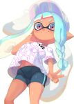  1girl arm_up baseball_cap bike_shorts black_shorts blue_hair braid breasts dark-skinned_female dark_skin from_below hand_on_own_cheek hand_on_own_face hat highres inkling inkling_girl long_hair looking_at_viewer looking_down minamidena navel pointy_ears print_shirt red_eyes shirt short_shorts short_sleeves shorts smile solo splatoon_(series) suction_cups tentacle_hair thighs v white_headwear white_shirt 