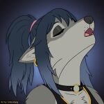  1:1 anthro blue_hair canid canine canis chest_tuft clothing collar countershading ear_piercing ear_ring emmy_(umbrafang) eyelashes eyes_closed eyeshadow female fur grey_body grey_fur hair highlights_(coloring) howl icon makeup mammal piercing ponytail ring_piercing solo tuft umbrafang wolf 