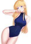  1girl absurdres ass_visible_through_thighs blonde_hair blue_eyes blue_one-piece_swimsuit breasts covering_mouth cowboy_shot highres kv--_(310255704) large_breasts long_hair one-piece_swimsuit original school_swimsuit simple_background sleeveless sleeveless_turtleneck solo swimsuit thigh_gap turtleneck white_background 