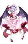  1girl :d ascot bat_wings blue_hair blush brooch dress flat_chest frilled_shirt_collar frills full_body hair_between_eyes happy hat highres hyurasan jewelry lifted_by_self mary_janes mob_cap open_mouth pigeon-toed pink_dress pink_eyes remilia_scarlet shoes short_hair simple_background smile solo teeth tongue touhou white_background wings wrist_cuffs 