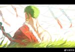  1boy alternate_costume earrings facing_away from_behind grass green_hair hadanugi_dousa highres jewelry long_sideburns male_focus mrjieshisu muscular muscular_male roronoa_zoro sideburns single_bare_shoulder single_earring solo sunlight upper_body wind 