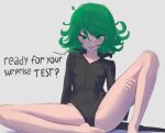  1girl absurdres black_dress breasts commentary daniel_deves dress english_commentary english_text flipped_hair green_eyes grey_background grey_hair highres looking_at_viewer one-punch_man open_mouth pelvic_curtain short_hair side_slit sitting small_breasts solo spread_legs tatsumaki 