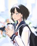  1girl absurdres backpack bag black_hair blue_sailor_collar blurry blurry_background bokeh bow bowtie brown_eyes cup depth_of_field drinking_straw hairband highres holding holding_cup kimi_no_na_wa. lewdrawings long_sleeves miyamizu_mitsuha parted_lips puffy_sleeves red_bow red_bowtie sailor_collar school_uniform serafuku shirt short_hair solo upper_body white_hairband white_serafuku white_shirt 