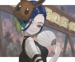  1girl absurdres bare_shoulders black_choker blue_hair bob_cut breasts brown_eyes choker crop_top grey_vest hand_fan highres holding holding_fan loose_hair_strand medium_breasts perrin_(pokemon) pokemon pokemon_(game) pokemon_sv ranmaruuuu00 ribbed_shirt shirt solo undershirt vest 