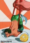  1boy absurdres ass bara bound bound_arms chopsticks food fruit green_hair green_scales highres lemon lemon_slice long_sideburns male_focus merman mermay_2023 mini_person miniboy monster_boy monsterification nude on_plate one_piece roronoa_zoro short_hair sideburns smokerichi solo_focus toned toned_male 