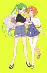  2girls :d :o absurdres ahoge black_sports_bra blue_eyes blue_overalls blue_shorts blue_skirt breasts brown_jacket casual eyewear_on_head flip-flops full_body green_background green_eyes green_hair hand_on_own_hip heart heart-shaped_eyewear highres higurashi_no_naku_koro_ni jacket legs long_hair multiple_girls open_clothes open_jacket open_mouth orange_hair overalls parted_bangs ponytail ryuuguu_rena sandals short_hair shorts simple_background skirt smile sonozaki_mion sports_bra standing sunglasses tof55832292 