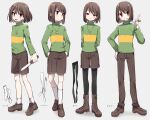  1boy 4others androgynous black_pantyhose brown_hair brown_pants brown_shorts chara_(undertale) clone full_body green_sweater heart heart_necklace holding holding_knife jewelry knife leftporygon long_sleeves looking_at_viewer male_focus medium_hair multiple_others necklace open_mouth pants pantyhose red_eyes shirt shorts smile socks standing striped striped_shirt striped_sweater sweater undertale white_socks 