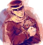  1boy affectionate animal aoi_(husiginokuninoa) bear brown_theme golden_kamuy hat holding holding_animal kepi male_focus military_hat scar scar_on_face scar_on_mouth scar_on_nose scarf short_hair solo sugimoto_saichi upper_body 