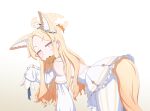  1girl animal_ear_fluff animal_ears ass bare_back bent_over blonde_hair blue_archive commentary_request depaken detached_sleeves extra_ears food forehead fox_ears fox_girl fox_tail halo long_hair long_sleeves looking_at_viewer mouth_hold orange_eyes parted_bangs school_uniform seia_(blue_archive) sidelocks simple_background sleeves_past_fingers sleeves_past_wrists solo sweatdrop tail taiyaki v-shaped_eyebrows wagashi white_background wide_sleeves 