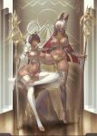  2girls artist_name black_thighhighs breasts covered_nipples dark-skinned_female dark_skin egyptian egyptian_clothes highres holding holding_staff indoors large_breasts long_hair long_sleeves looking_at_viewer mask mechanical_arms mechanical_ears mouth_mask multicolored_hair multiple_girls navel original pasties red_hair revealing_clothes science_fiction staff standing standing_on_one_leg suerte thighhighs two-tone_hair white_hair white_thighhighs yellow_eyes 