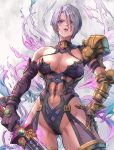  1girl armor artist_name ass_visible_through_thighs bare_shoulders blue_eyes breasts commentary_request covered_navel elbow_gloves gauntlets gloves highleg highleg_leotard highres holding holding_weapon isabella_valentine leotard lips lipstick looking_at_viewer makeup medium_breasts mitsu_plus short_hair shoulder_armor signature simple_background solo soulcalibur sword thigh_strap weapon white_hair 