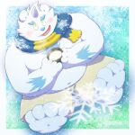  2023 another_eidos_of_dragon_vein_r anthro belly big_belly blue_nose blush bottomwear buruhoshibonbon clothing feet hi_res kemono male overweight overweight_male patty_(anothereidos_r) scarf shorts sitting solo white_body yeti 