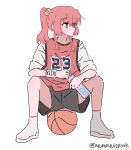  artist_name ball basketball_(object) basketball_jersey basketball_uniform black_shorts bocchi_the_rock! bottle cube_hair_ornament hair_ornament holding holding_bottle kita_ikuyo ponytail red_hair shorts sitting sportswear sweatband twitter_username water_bottle yunayuispink 