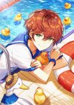  1boy bird blue_sailor_collar blush closed_mouth duck green_eyes highres in_water innertube looking_at_viewer male_child male_focus orange_hair original pool poolside riri_(artist) rubber_duck sailor_collar sailor_shirt shirt short_hair short_sleeves smile water white_shirt 