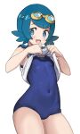  1girl :d blue_eyes blue_hair blush breasts bright_pupils clothes_lift commentary_request covered_navel cowboy_shot goggles goggles_on_head highres itolife lana_(pokemon) looking_at_viewer medium_bangs one-piece_swimsuit open_mouth pokemon pokemon_(game) pokemon_sm shirt shirt_lift short_hair simple_background sleeveless sleeveless_shirt small_breasts smile solo sweat swimsuit swimsuit_under_clothes transparent_background white_pupils white_shirt 