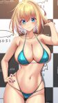  1girl ass_visible_through_thighs bare_arms bare_shoulders bikini blonde_hair blue_bikini blue_eyes blue_nails blush breasts closed_mouth commentary_request contrapposto crossed_bangs fingernails groin hair_between_eyes halterneck hand_on_own_hip hand_up highres large_breasts looking_at_viewer multi-strapped_bikini_bottom nail_polish navel original revision short_hair smile solo sophia_f_shirring stomach string_bikini swimsuit takamine_nadare 