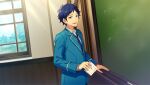  1boy blazer blue_hair blue_jacket blue_necktie buttons chalk chalkboard collared_shirt dark_blue_hair ensemble_stars! fingernails fushimi_yuzuru happy_elements holding_handkerchief indoors jacket lapels long_sleeves male_focus mole mole_under_eye necktie notched_lapels official_art open_collar open_mouth purple_eyes school_uniform shirt short_bangs short_hair solo third-party_source upper_body window yumenosaki_school_uniform yuzuru&#039;s_introduction_(ensemble_stars!) 