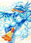  bird blue_eyes duck faux_traditional_media full_body fullmofsuika highres looking_back pokemon pokemon_(creature) pokemon_(game) pokemon_sv quaquaval water 