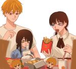  1boy 2girls ascot black_ascot black_hair blonde_hair blue_eyes blue_shirt chainsaw_man chicken_nuggets child closed_mouth collared_shirt commentary cup denji_(chainsaw_man) disposable_cup drinking drinking_straw english_commentary family fast_food food french_fries highres holding holding_food long_hair looking_at_another mcdonald&#039;s mitaka_asa multiple_girls mykokampfwagen nayuta_(chainsaw_man) open_mouth red_eyes ringed_eyes shirt short_hair simple_background smile t-shirt table upper_body white_background white_shirt yellow_eyes 