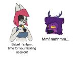  absurd_res anthro bell bell_collar blush blush_lines canid canine clothing collar deer duo english_text female fur gag gagged gagged_talk hair haitbe hatie hi_res humanoid interlocked_fingers male mammal meme purple_body purple_fur purple_hair red_hair shirt tank_top tape tape_gag text tickle_fetish topwear white_body white_fur 