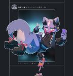  2023 accessory aggressive_retsuko anthro bow_ribbon cellphone clothing eye_bags female fluffy fluffy_tail food footwear fur gesture hair_accessory hair_bow hair_ribbon head_markings headphones headphones_around_neck hi_res jacket khatnid looking_at_viewer mammal markings mephitid panties phone pocky purple_body purple_fur ribbons sanrio shikabane shoes skunk solo tail topwear underwear 