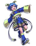  1girl :d blue_eyes blue_footwear blue_hair blue_jacket blue_shorts blue_socks braid cropped_jacket curly_hair dorothy_west drop_shadow full_body hair_ornament jacket long_sleeves loose_socks open_mouth outstretched_arms pretty_(series) pripara rituyama1 shoe_soles short_hair shorts side_braid signature simple_background sleeves_past_fingers sleeves_past_wrists smile socks solo standing v white_background wide_sleeves 