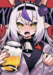  1girl alcohol animal_ears beer bell blush cup drooling ear_piercing fake_animal_ears grey_hair holding holding_cup hololive horns hosoi_kouzou la+_darknesss mouth_drool multicolored_hair neck_bell open_mouth piercing pointy_ears purple_hair solo streaked_hair upper_body virtual_youtuber yellow_eyes 