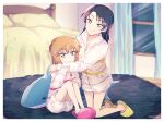  2girls astrayin bed black_hair brown_hair curtains fur-trimmed_jacket fur_trim haibara_ai ikea_shark indoors jacket kneeling knees_up long_hair long_sleeves meitantei_conan miyano_akemi multiple_girls shoes short_hair shorts siblings sisters sitting stuffed_animal stuffed_shark stuffed_toy window 