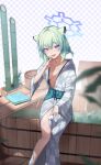  1girl 20cnanmin absurdres animal_ears bamboo bath bathtub between_legs blue_archive blush breasts collarbone feet_out_of_frame green_hair grey_kimono halo head_tilt highres japanese_clothes kimono knees_together_feet_apart looking_at_viewer low_twintails nail_polish obi official_alternate_costume open_clothes open_kimono open_mouth purple_eyes purple_nails sash shigure_(blue_archive) shigure_(hot_spring)_(blue_archive) short_hair small_breasts smile solo tail tokkuri towel twintails weasel_ears weasel_girl weasel_tail wet yagasuri 