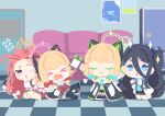  &gt;_&lt; 4girls :o ;o animal_ear_headphones animal_ears aris_(blue_archive) arms_up barefoot black_hair black_hairband blonde_hair blue_archive blue_bow blue_eyes blue_necktie bow cat_ear_headphones checkered_floor chibi closed_eyes commentary_request couch crying fake_animal_ears flying_sweatdrops forehead hair_between_eyes hair_bow hairband halo headphones highres indoors jacket kinubari_nerune kneehighs long_hair midori_(blue_archive) momoi_(blue_archive) multicolored_clothes multicolored_jacket multiple_girls necktie nintendo_switch on_floor one_eye_closed one_side_up open_mouth parted_bangs poster_(object) red_bow red_hair sad siblings sisters socks sparkle streaming_tears tears thighhighs twins white_bow white_jacket yuzu_(blue_archive) 